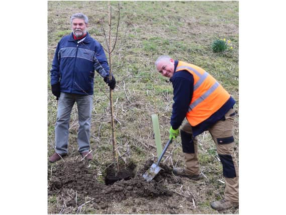 Banbury Town Cllr Colin Clarke and 4th Corner’s Adam Collett plant a crab apple tree. (photo from Banbury Town Council)