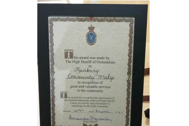 Mrs Amanda Ponsonby, High Sheriff of Oxfordshire, presented the Banbury Community Fridge with an award today in recognition of its service to the community