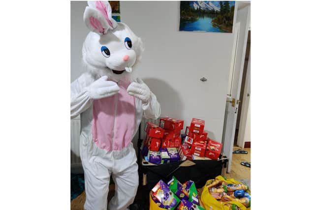 Prabhu Natarajan dressed as the Easter Bunny as he gave away chocolates to the community today (Wednesday March 31).