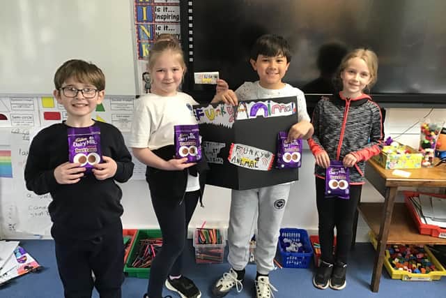 One of the winning teams Harriers Academy from the chocolate project competition: Funky Animal team (L-R) Seth Gibson, 8, Grace Heritage, 8, Romeo Vu, 9, and Cecilia Hlousek-Nagle, 8. (Image from Harrier Academy).