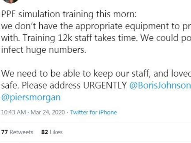 This morning's Tweet calling for urgent supplies of Covid-19 protective equipment for Oxfordshire hospital staff