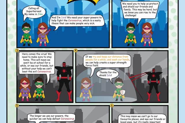 A poster version of the superheroes booklet, Fighting Coronavirus Together