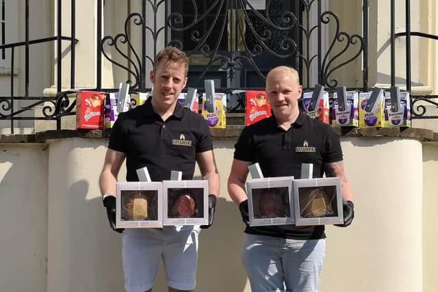 Ryan Dennis and Danny Webster with Webster's Event Catering with the donated Easter eggs delivered to NHS workers on Good Friday