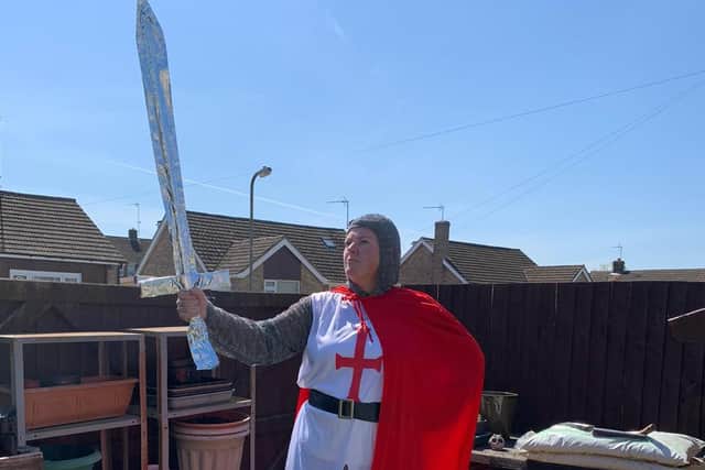 Jennie Walsh dressed as St George the knight to celebrate St George's Day