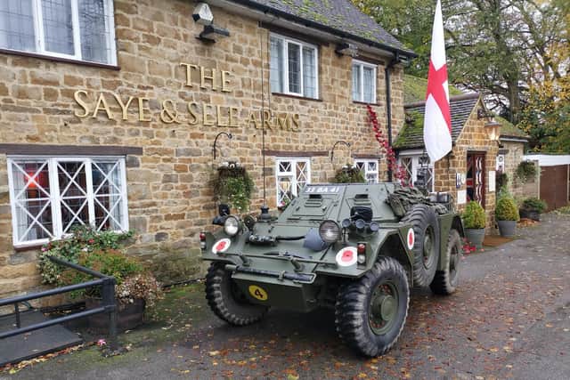 An armoured car outside The Saye & Sele Arms pub in Broughton, which was on loan from a neighbour