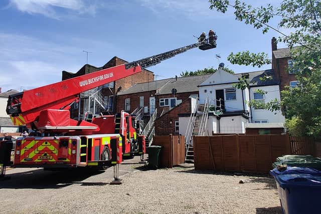 Buckinghamshire Fire andRescue Service provided support for the fire with a 32-metre turntable ladder and crew from Great Holm Fire Station in Milton Keynes.(photo from Buckinghamshire Fire andRescue Service)
