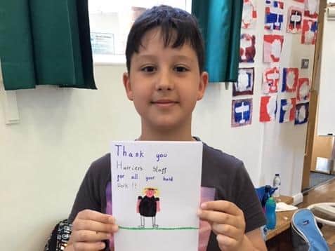 Harriers Academy Banbury pupil, Oskar Redlicki, age 8, who made a thank you card for staff at his school (photo from Harriers Academy)