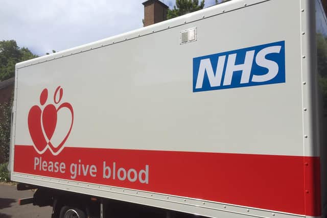 Give Blood UK truck stationed at the donor centre in Banbury
