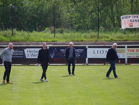 The new managerial team of Andy Whing (left) and James Constable (second from left) took a social distancing look around the ground after joining Banbury United. Pictures courtesy of Dave Shadbolt