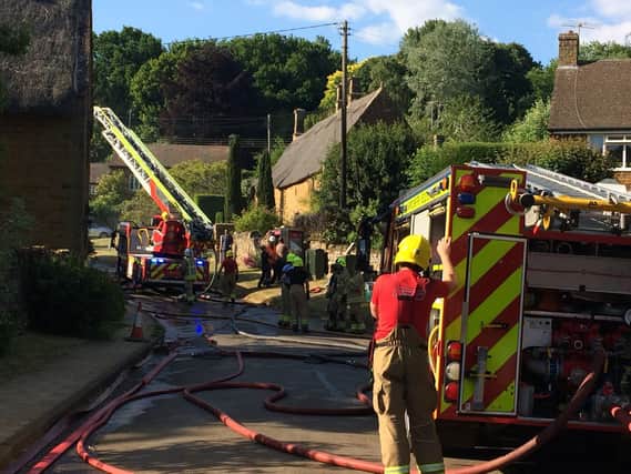 Firefighters still working to completely extinguish the house fire in Hornton, nearly three hours after it broke out