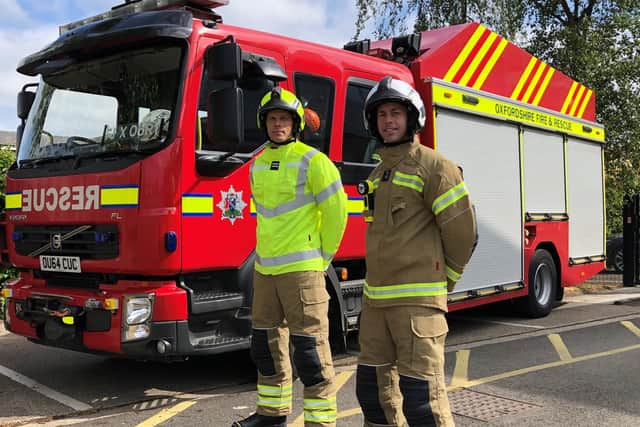Oxfordshire firefighters show off their new uniforms: Crew Manager Justin Stanley, and Watch Manager Ellis Bicknell, from Kidlington Fire Station