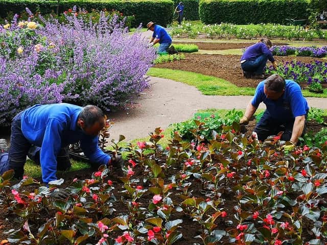 Banbury Town Council staff set to work planting out thousands of seedlings for the floral displays in People's Park
