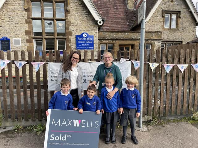 Julie Messer, the marketing manager and co-owner of Maxwells Estate Agents and Vantage Mortgages, with Farthinghoe Primary Headteacher Mrs Wendy Whitehouse and several school pupils: Oscar, Fraser, Olivia and Ted (Submitted photo)