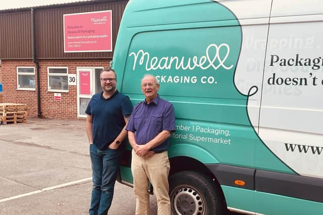 Tjobbe Andrews, left, has rebranded his father Terry's packaging business, now Meanwell Packaging. Mr Andrews Snr is also pictured