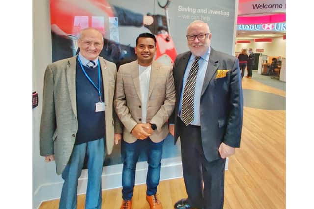 Banbury Town Cllr George Ayres, Prabhu Natarajan and Cllr Kieron Mallon at the reopening of the town centre HSBC Bank branch after a four-week refurbishment project. (Submitted photo)