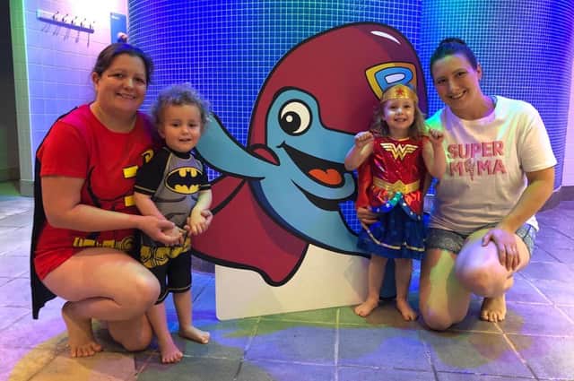 Youngsters dressed as their favourite superheroes for their swimming classes. (Pictured: Claire Hillsdon, Samuel Durrant, Lara and KImberley Milbourn)