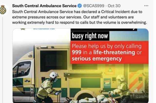 The tweet in which SCAS announced a 'critical incident'