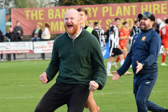Manager Andy Whing celebrates after Banbury United secure their place in the first round proper of the FA Cup for the second year running