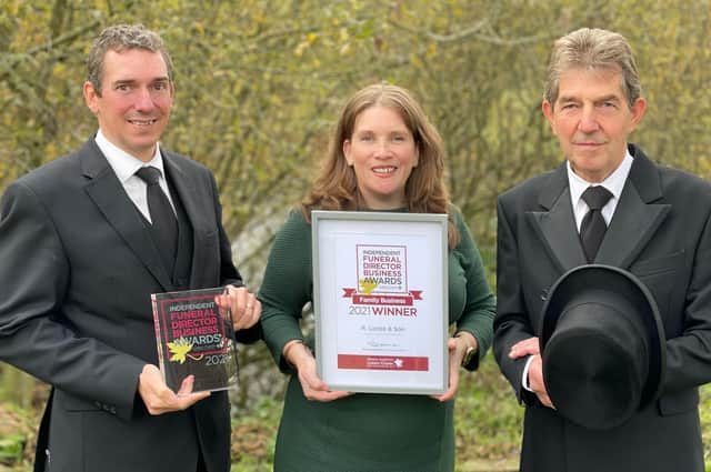Banbury area funeral directors, R. Locke & Son won ‘Family Business Award 2021’ at national Independent Funeral Director Business Awards - pictured: Colin, George and Rachel Locke. (Submitted photo)