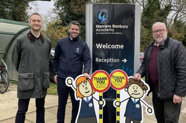 Oxfordshire County Cllrs Eddie Reeves and Kieron Mallon with Harriers Academy Principal, Alex Pearson, who came together for national Road Safety Week (submitted photo)