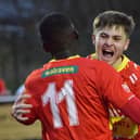 Goal celebrations with Jack Stevens and scorer Ben Acquaye in Banbury United's 3-0 win over Lowestoft PICTURES BY JULIE HAWKINS