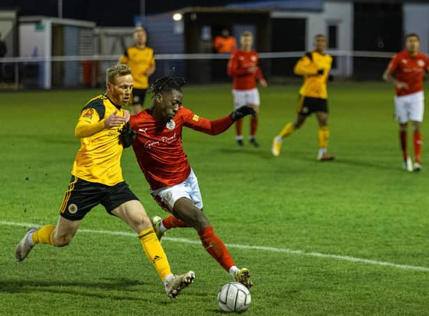 Action from Brackley Town's FA Trophy defeat to Boston United last weekend. Picture by Glenn Alcock