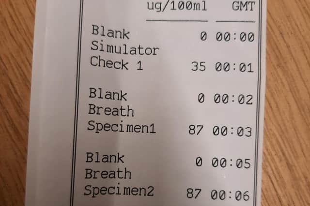 A breath test reading by Thames Valley Roads Policing showing a positive result