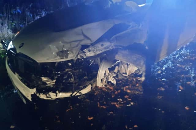 The wreckage of a car, driven by a motorist who later proved to be almost twice over the legal limit to drive