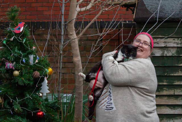 Foster cat, Brandy, with mum Katie Harrison (Photo from PT Photographic)