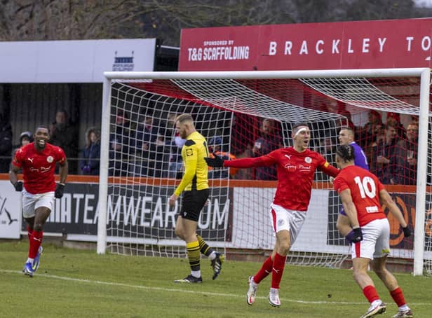 It was a good day for Brackley Town last weekend as Matt Lowe's goal earned them a 1-0 win over Guiseley which sent them back to the top of the National League North. Picture by Glenn Alcock