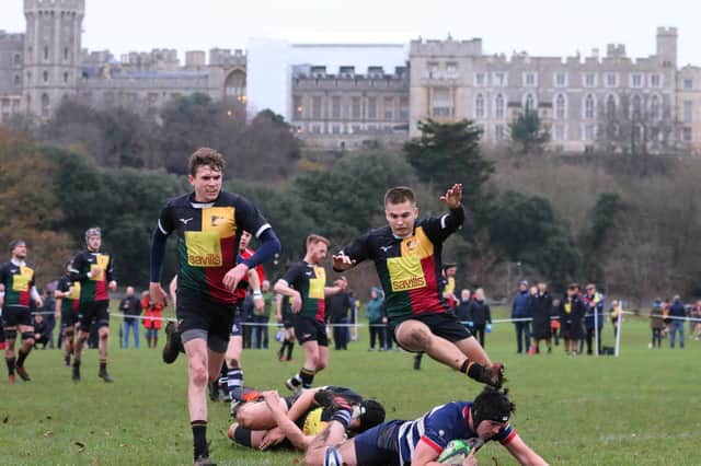 Angus Johnson goes over for a try with the picturesque backdrop of Windsor Castle     Picture by Simon Grieve