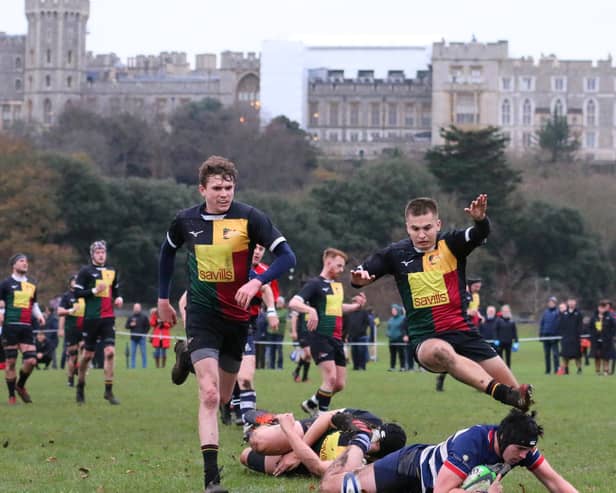 Angus Johnson goes over for a try with the picturesque backdrop of Windsor Castle     Picture by Simon Grieve