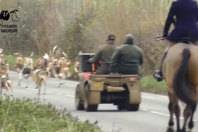 The front of the hunt with huntsman, hounds and buggy ride towards Broughton in a still from the West Midlands Hunt Saboteurs' video