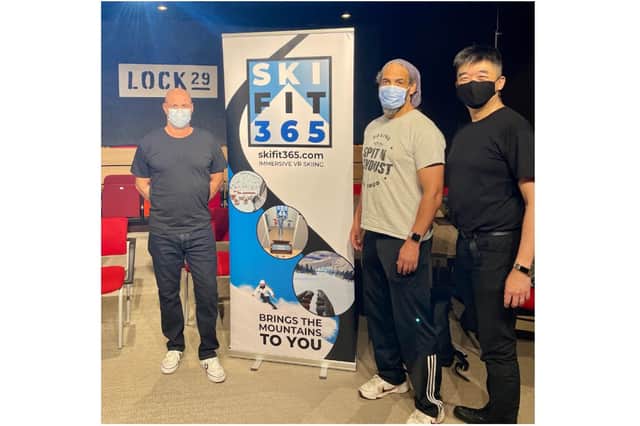 Tim Dudgeon, Dave Earle and Playko Studios game designer, Yin-Chien Yeap, known as Yinch, in Lock 29 private cinema room during the launch of Ski Fit 365. (Submitted photo)