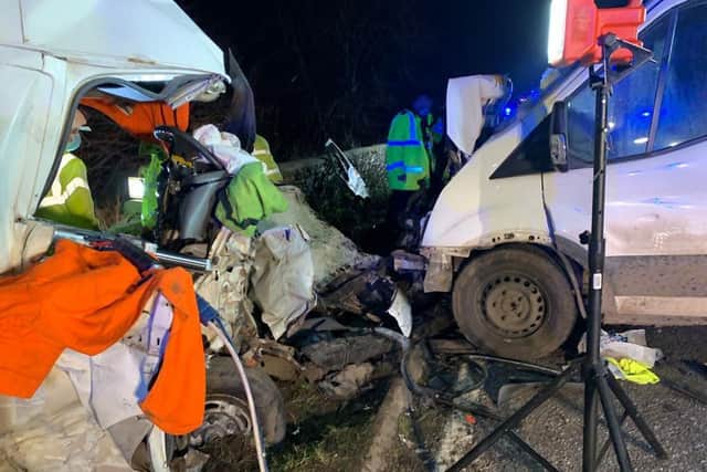 A man was left seriously injured after a head-on collision between two transit vans on the A422 between Banbury and Brackley on Tuesday December 21 (Image from Northants Fire & Rescue)