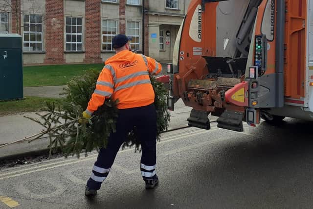 Cherwell District Council’s waste and recycling crews are now collecting trees from the kerbside as they empty people’s brown bins. (Image from Cherwell District Council)