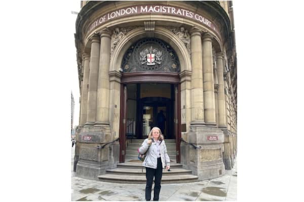 Maria Huff, from Banbury, was found guilty of obstructing Oxford Circus during a city-wide protest last year after a three and a half hour trial at City of London Magistrates Court (Submitted photo of Maria Huff outside the court)