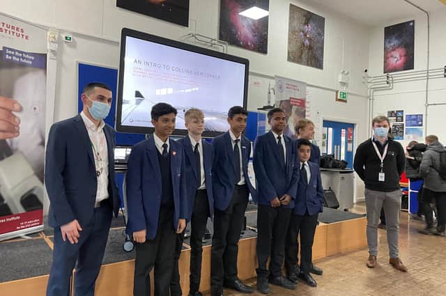 Visitors from Collins Aerospace Aniel Ganatra (Head of Quality ), Michael Quinn (ex student of the school, manufacturing apprentice) pictured with students Jayden Jones, Anay Sinha, Kristen Hapugoda, Baillee Poole and Jed Thorburn (Submitted photo)
