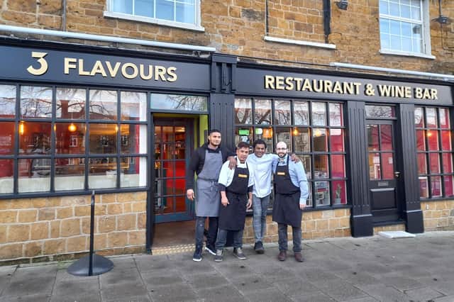 Chanaka Fernando and his two chefs Vincenzo Restivo and Virglio Mendi, along with the sous chef Stephan stand outside the new restaurant 3 Flavours in Banbury