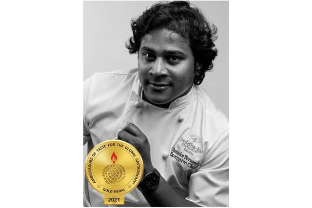 Chanaka Fernando was awarded with the honorary title of ambassador of Taste for the Global Gastronomy Gold Medal 2021 (Image from the 3 Flavours Facebook page)