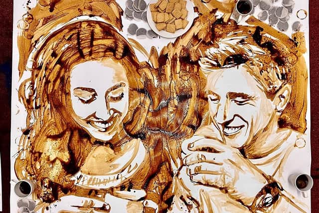 Nathan Wyburn's new artwork - 'Catch up over a coffee' - made out of coffee - specially created for Samaritans Brew Monday
