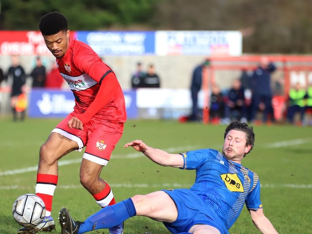 Decarrey Sheriff skips past a challenge from a Leamington player