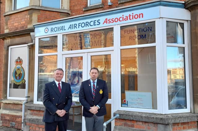 Paul Gruner-Overgaard, the chair of Banbury RAF Association Club, with Chris Adams, the chair of the Banbury RAF Association Branch, stand outside the club's building in Broad Street, Banbury