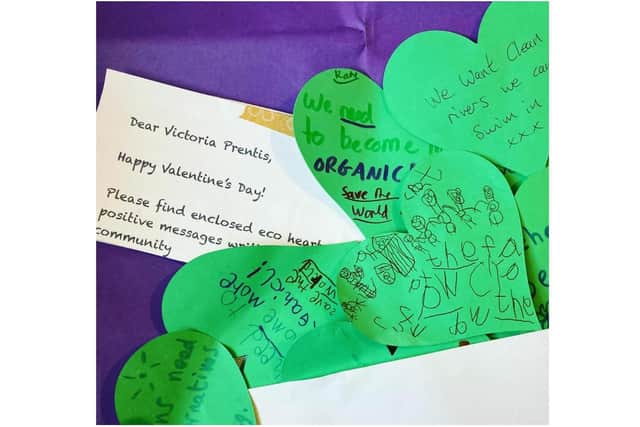 Families at the Bridge Street Garden in Banbury created green eco heart-shaped Valentine's cards with positive hope-filled messages to send off to the North Oxfordshire MP Victoria Prentis. (photo from the Bridge St Garden Facebook page)