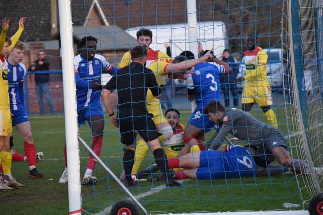 Much debate as to whether the ball crossed the line - but it ended in a free-kick to Leiston