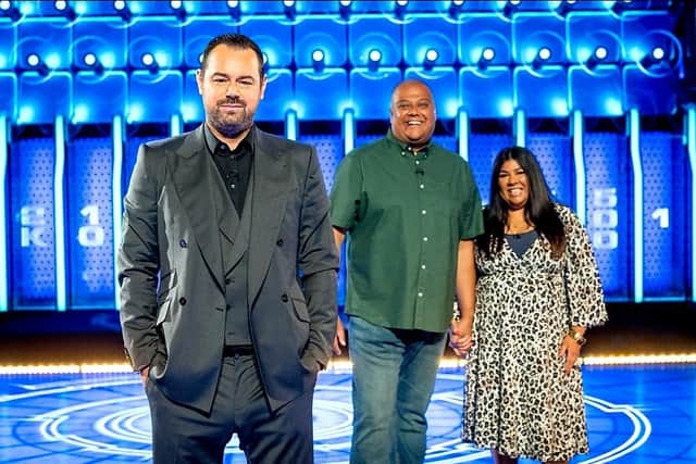 Danny Dyer with Roops Pandya and Rita Bulsara on an episode of The Wall, which aired on BBC One on Saturday February 12. (photo from Roops via the BBC)