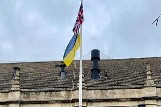 The Ukrainian flag hangs alongside the Union Jack over Banbury Town Hall