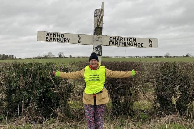 Alexandra Williams a few miles in to her marathon walk from Thenford to Headington