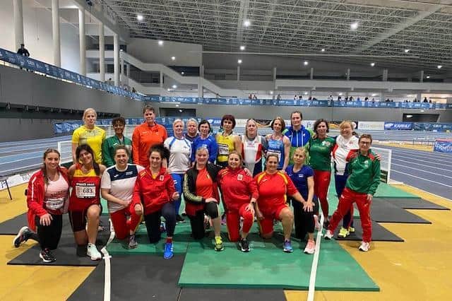 Sharon Hutchings from Banbury is pictured with all 21 competitors in the shot put at the Europeans Masters Championships held in Portugal last month.