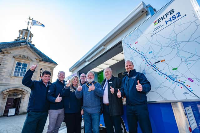 EKFB's Community Engagement Team with the Mayor of Brackley and local councillor at the external launch of the Mobile Visitor Centre in Brackley on March 8 - pictured: Chris James, Dave Butcher, Kim Birtwistle, David Griffiths-Allen, Don Thompson, Cllr Tony Bagot-Webb, Simon Davies. (photo credit Jeff Russell with HS2)